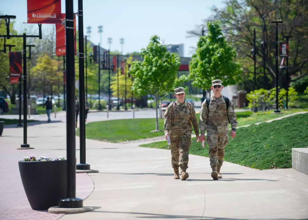 Two ROTC students walking on Belknap Campus