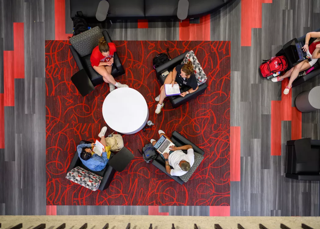 Aerial view of students in the Woodford R. & Harriet Porter Building.