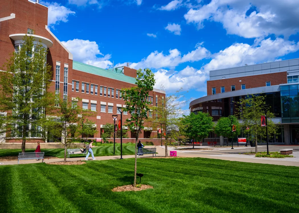 Schumaker Hall and the Belknap Academic Building on a spring day