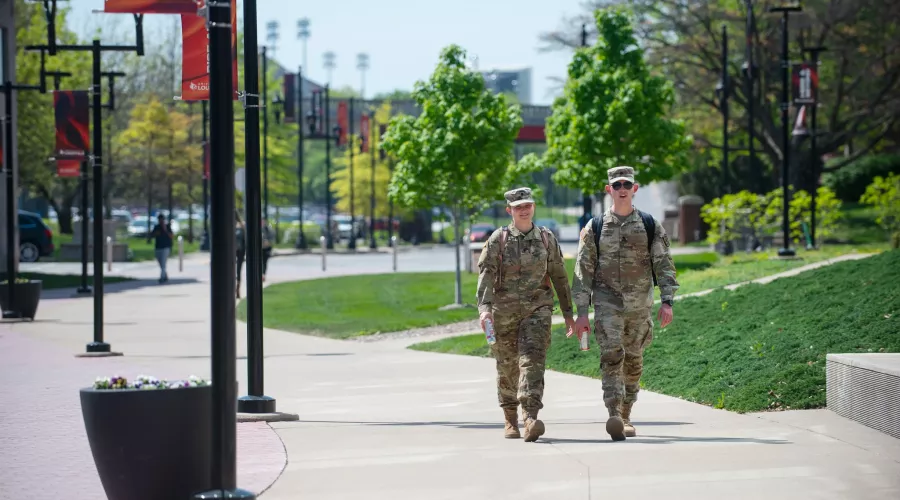 Two ROTC students walking on Belknap Campus
