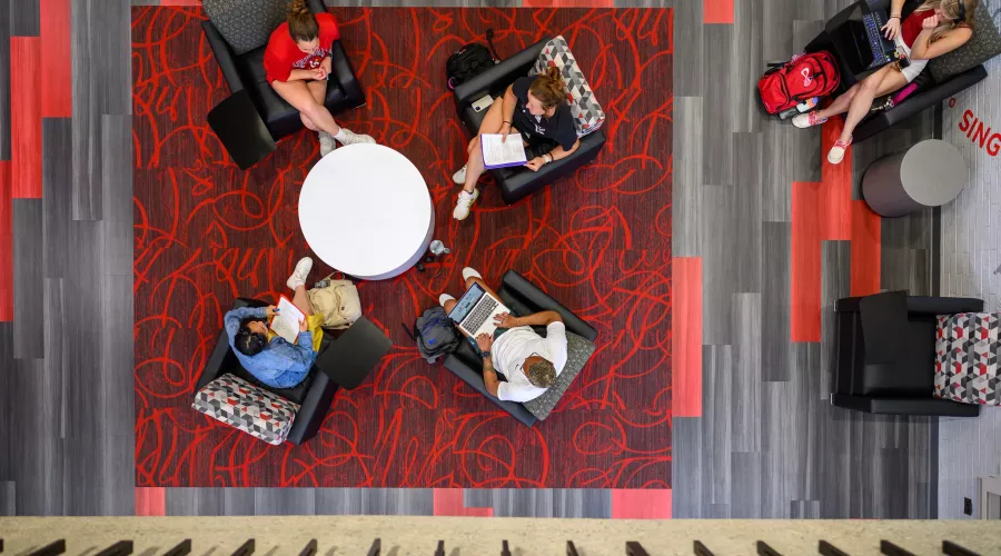 Aerial view of students in the Woodford R. & Harriet Porter Building.